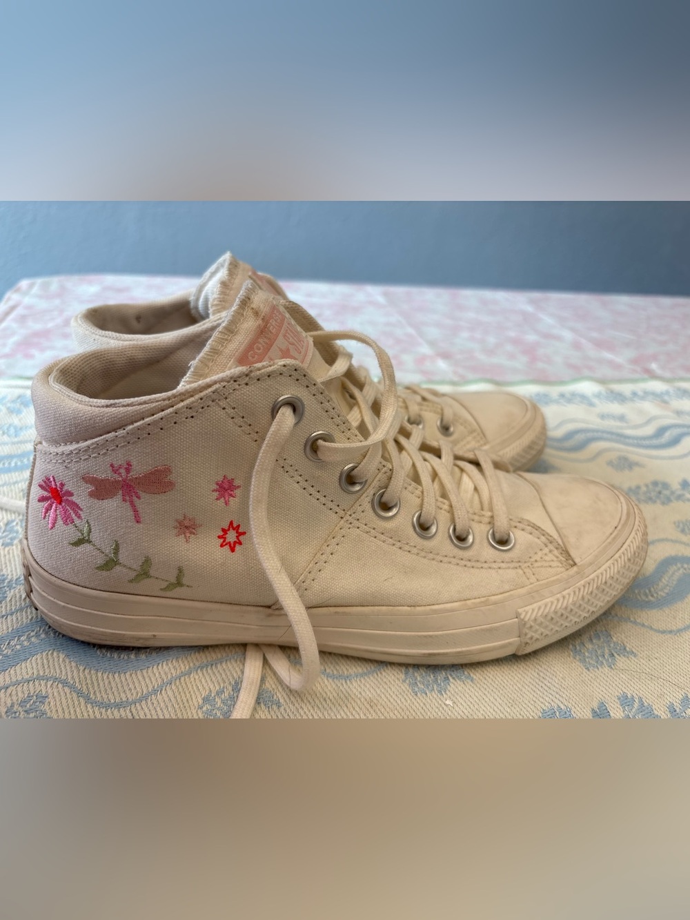 Women’s Converse Canvas High-Top Sneakers in Cream with Pink Accents